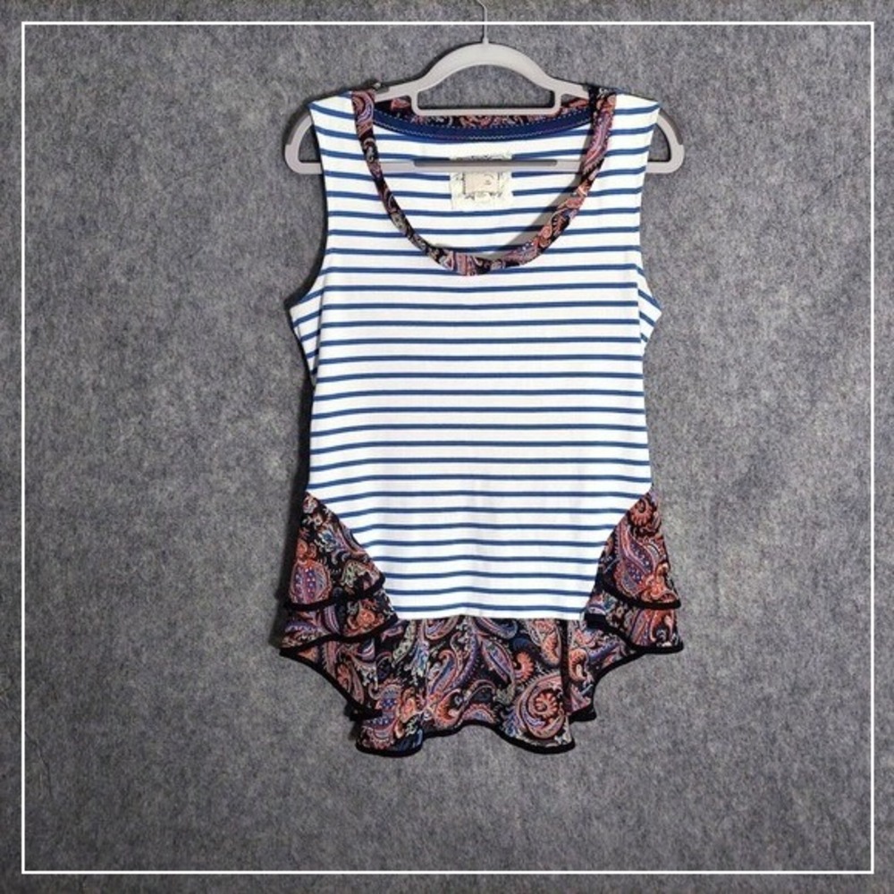 Striped Sleeveless Tunic with Paisley Ruffle Hem - Blue/White